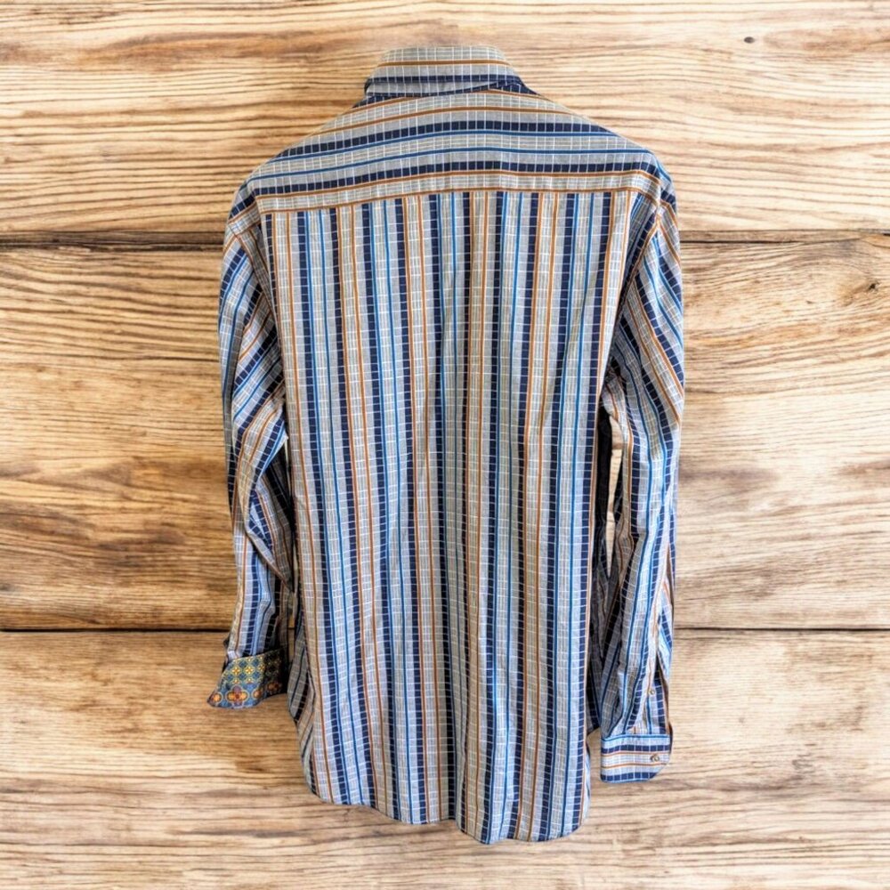 Robert Graham NWOT XL Navy & Burnt Orange Stripe Button Down Shirt Contrast Cuff - Picture 4 of 7